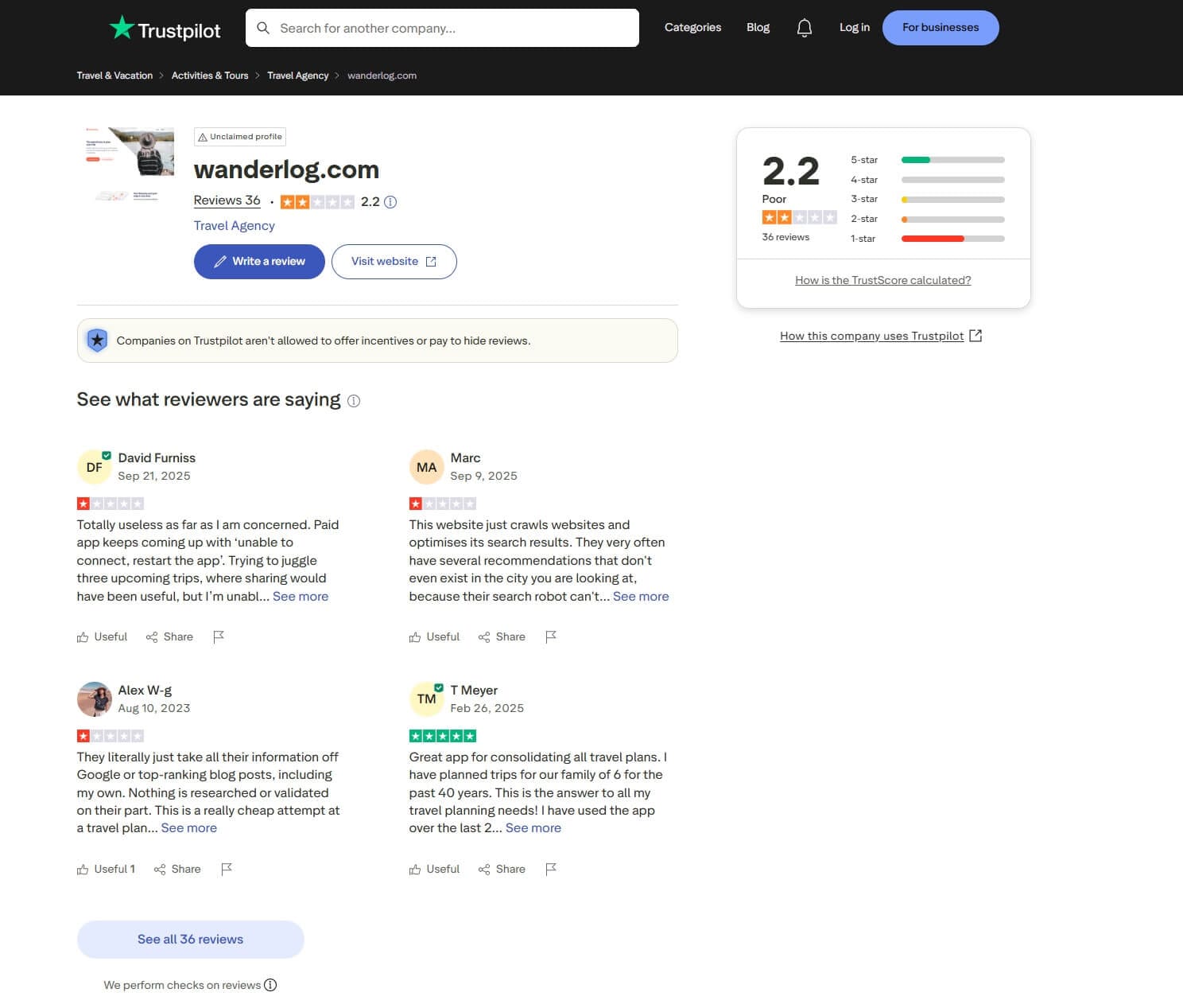 Trustpilot review of Wanderlog