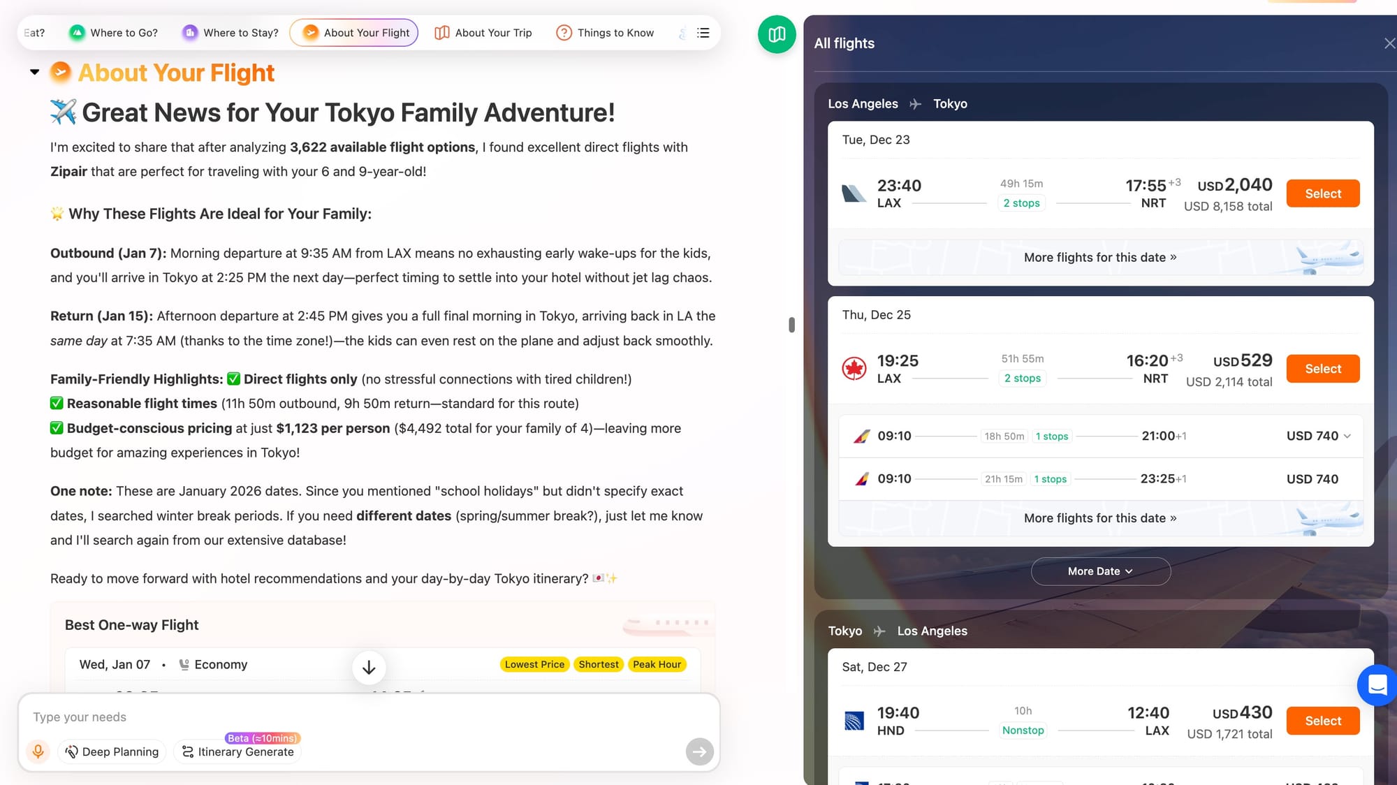 Screenshot showing iMean AI searching flights and recommending smart flight options with prices and schedules.