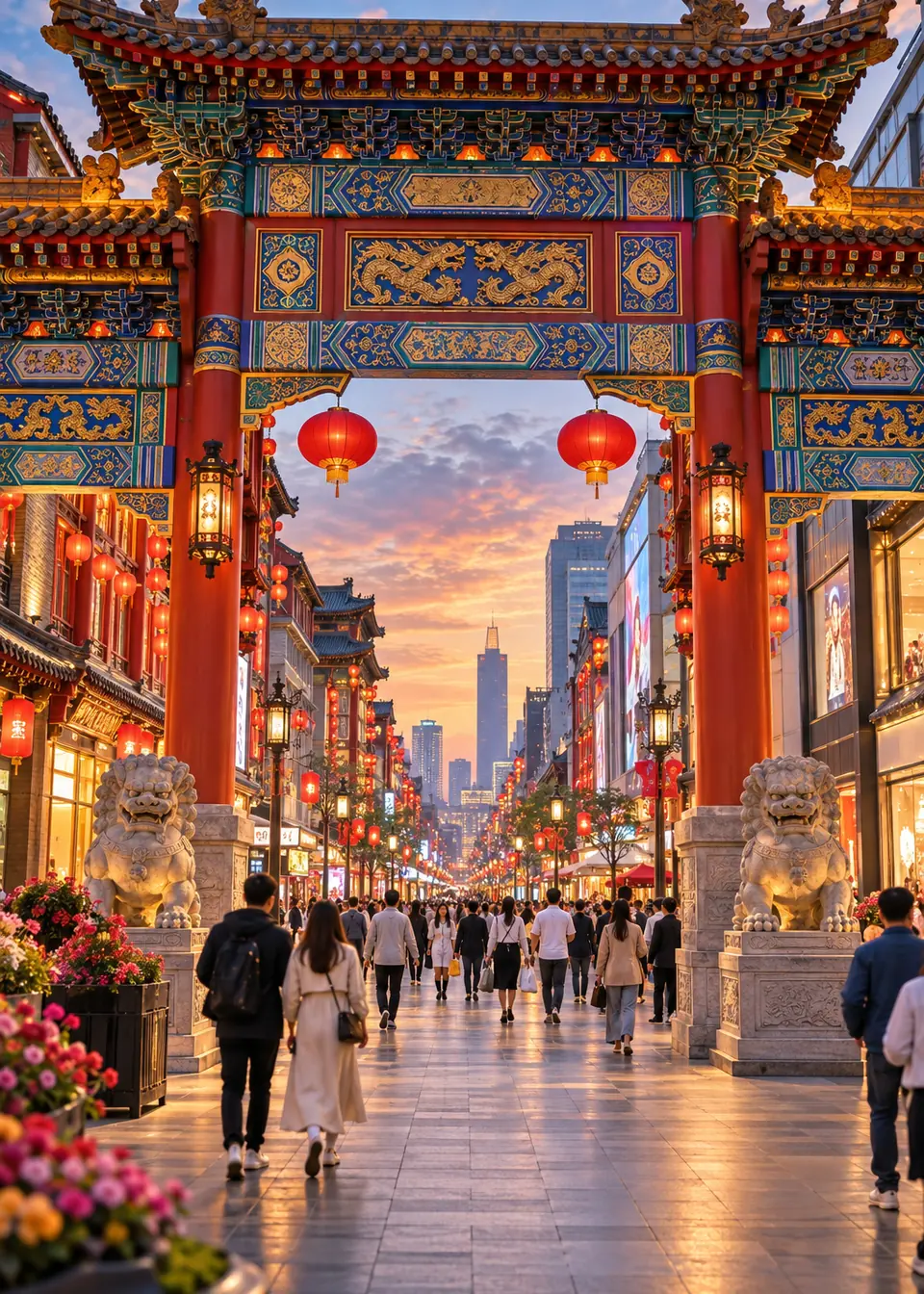 Ornate gateway, red lanterns and shoppers along a pedestrian street