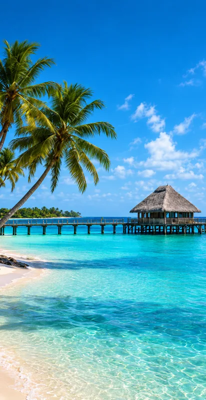 Palm trees and an overwater bungalow beside a turquoise lagoon in Asia
