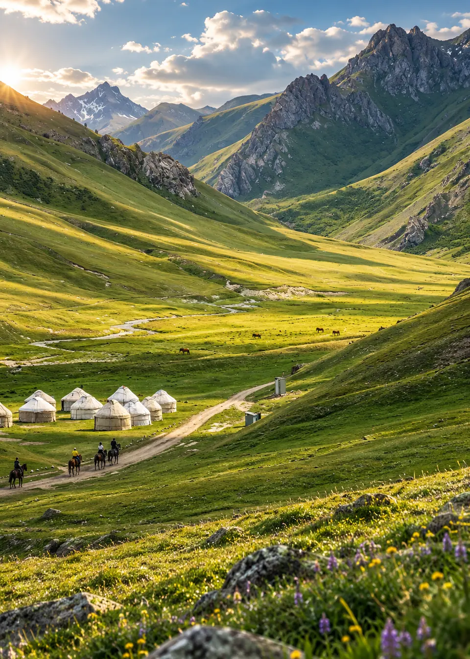 Yurts and green pastures in a mountain valley near Bokonbayevo