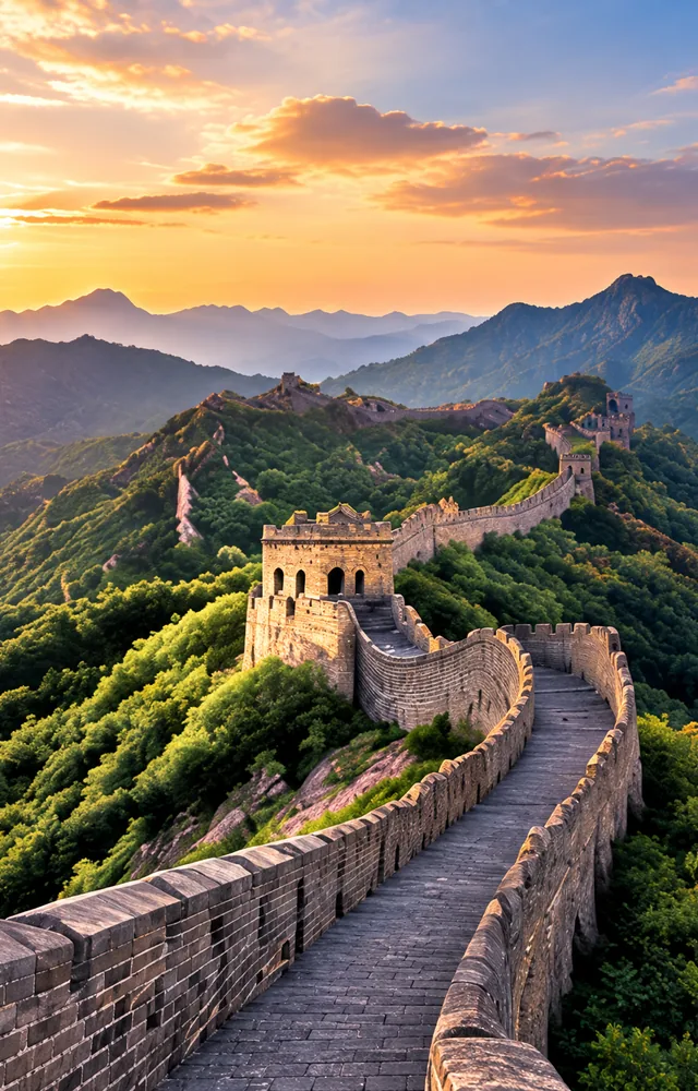 Great Wall winding across mountains in China at sunset