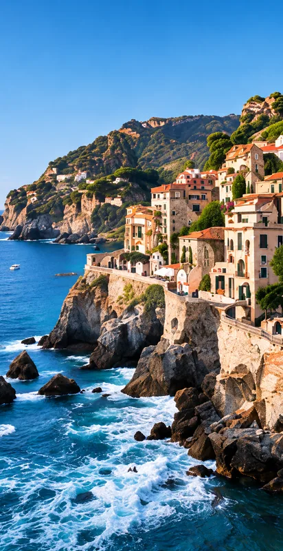 Colorful hillside village overlooking the sea in Europe