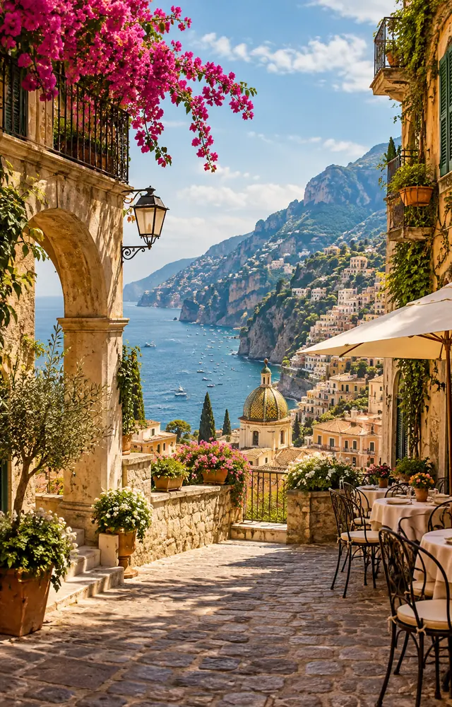Flower-lined village street overlooking the coast in Italy