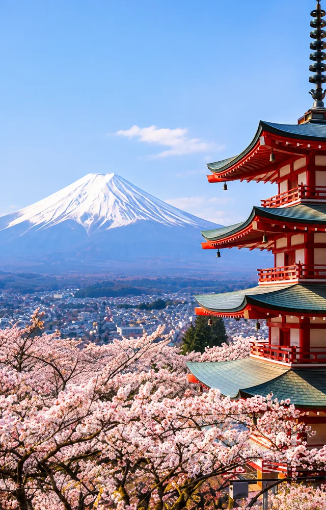 Pagoda and cherry blossoms with Mount Fuji in Japan