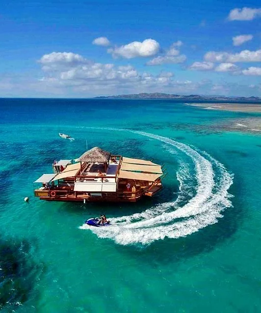 Floating platform and turquoise lagoon at Jet Ski Island Adventures Fiji