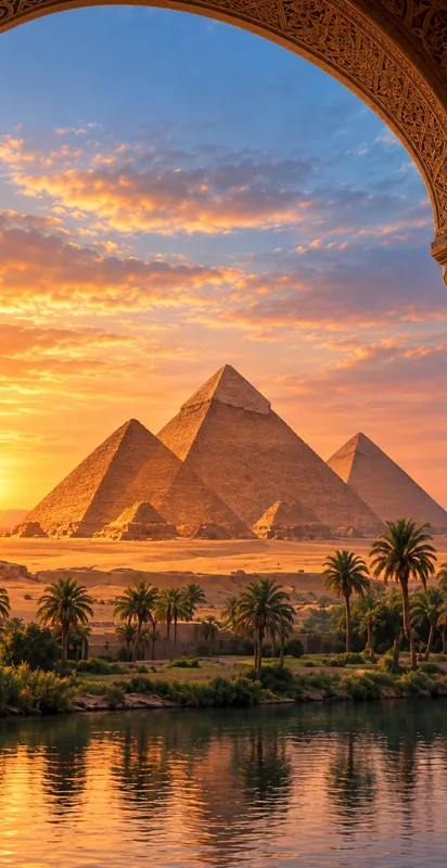 Egyptian pyramids at sunset framed by an archway