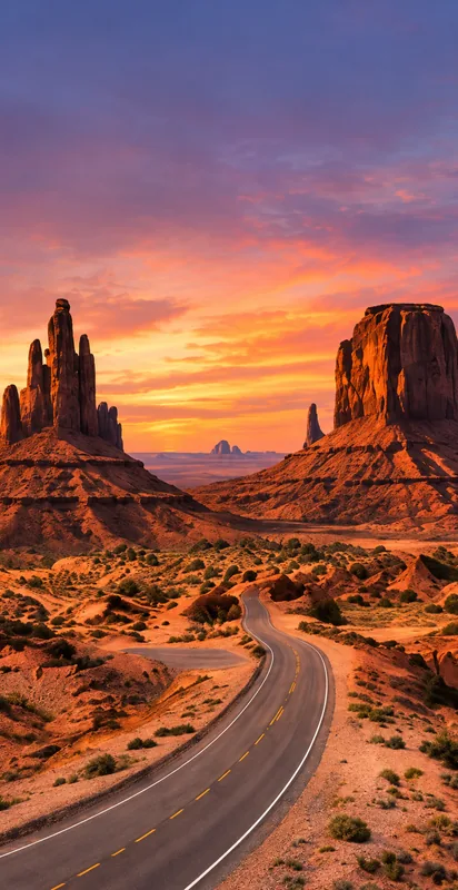 Desert road winding between sandstone buttes in North America