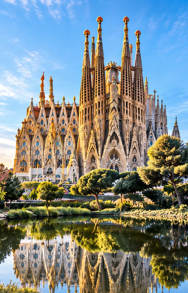 Sagrada Familia reflected in a pond in Barcelona, Spain