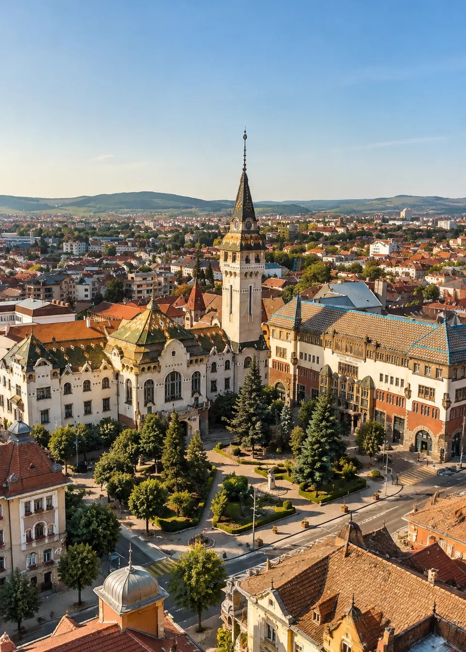 Historic town square and church spire in Targu Mures