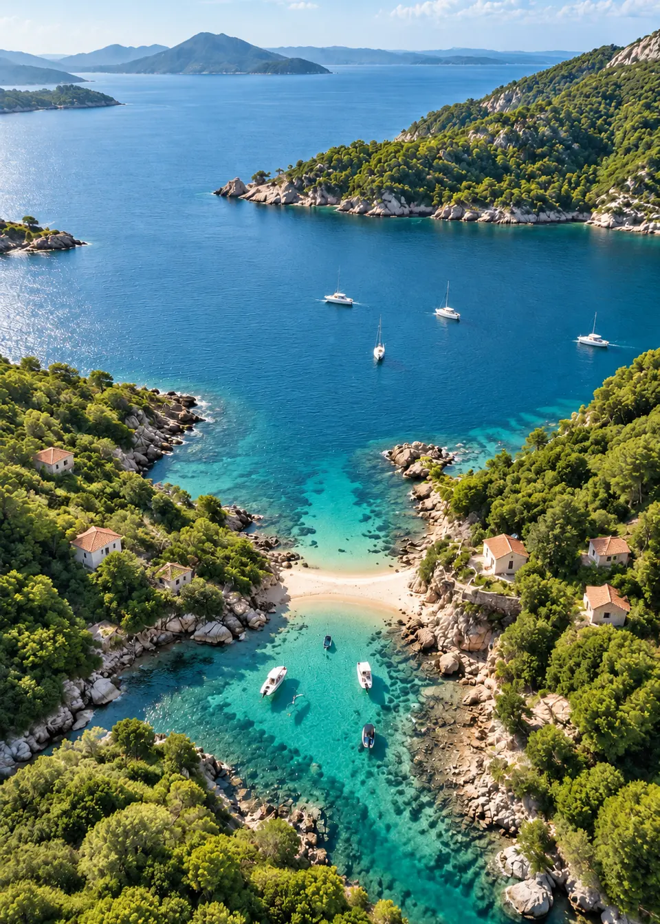 Boats in a sheltered bay surrounded by forest in Vila do Abraao